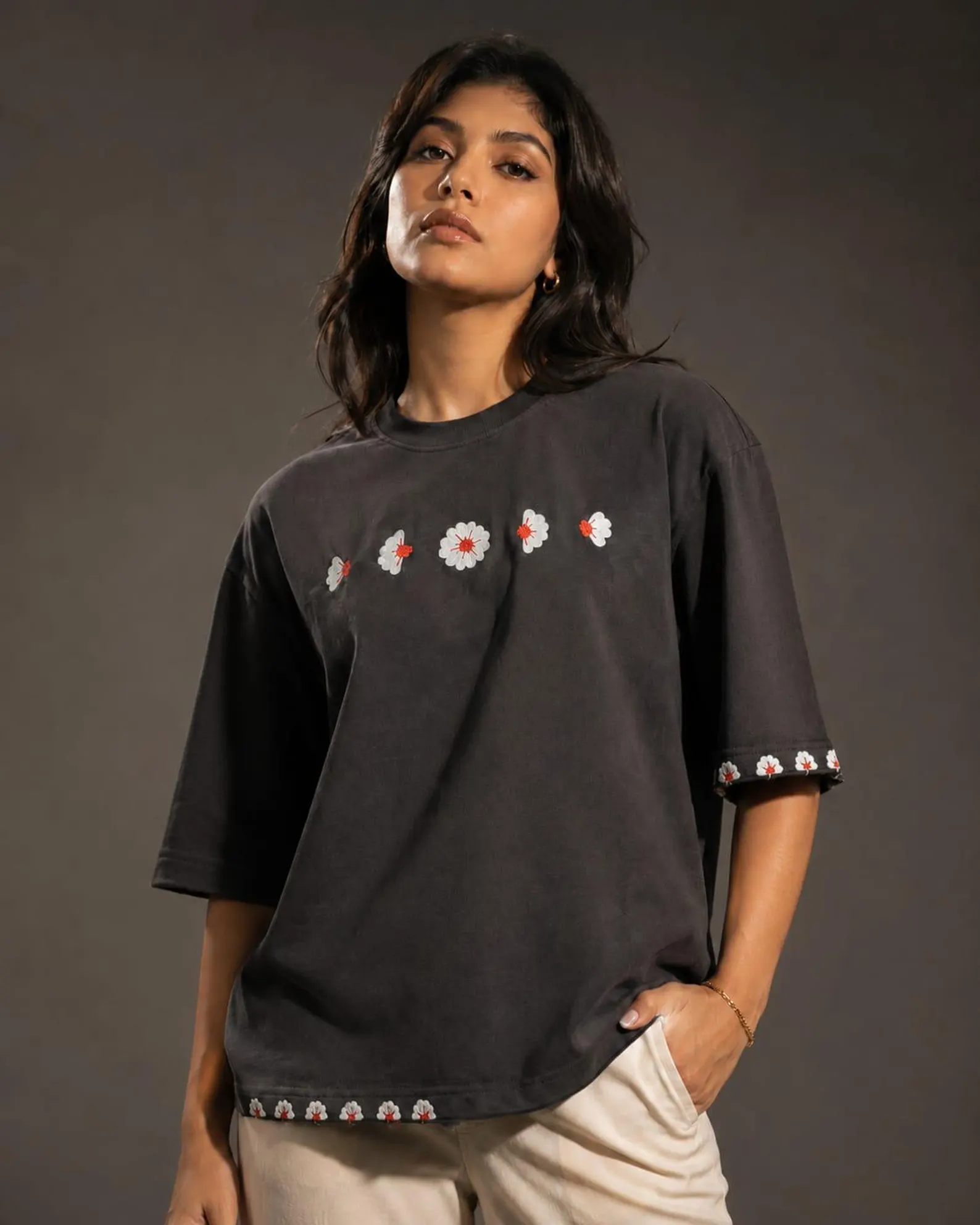 Hand Painted & Embroidered Floral Oversized T-Shirt | Premium Cotton Tee | Handmade Daisy Graphic TShirt | Botanical Wearable Art